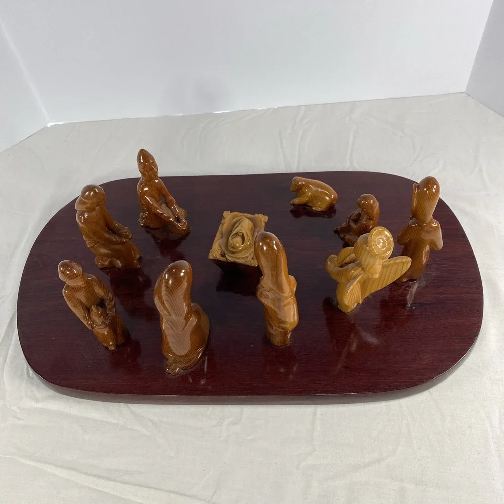 Abstract Carved Wood Nativity Set on Display Board | Modern Style | As-Is